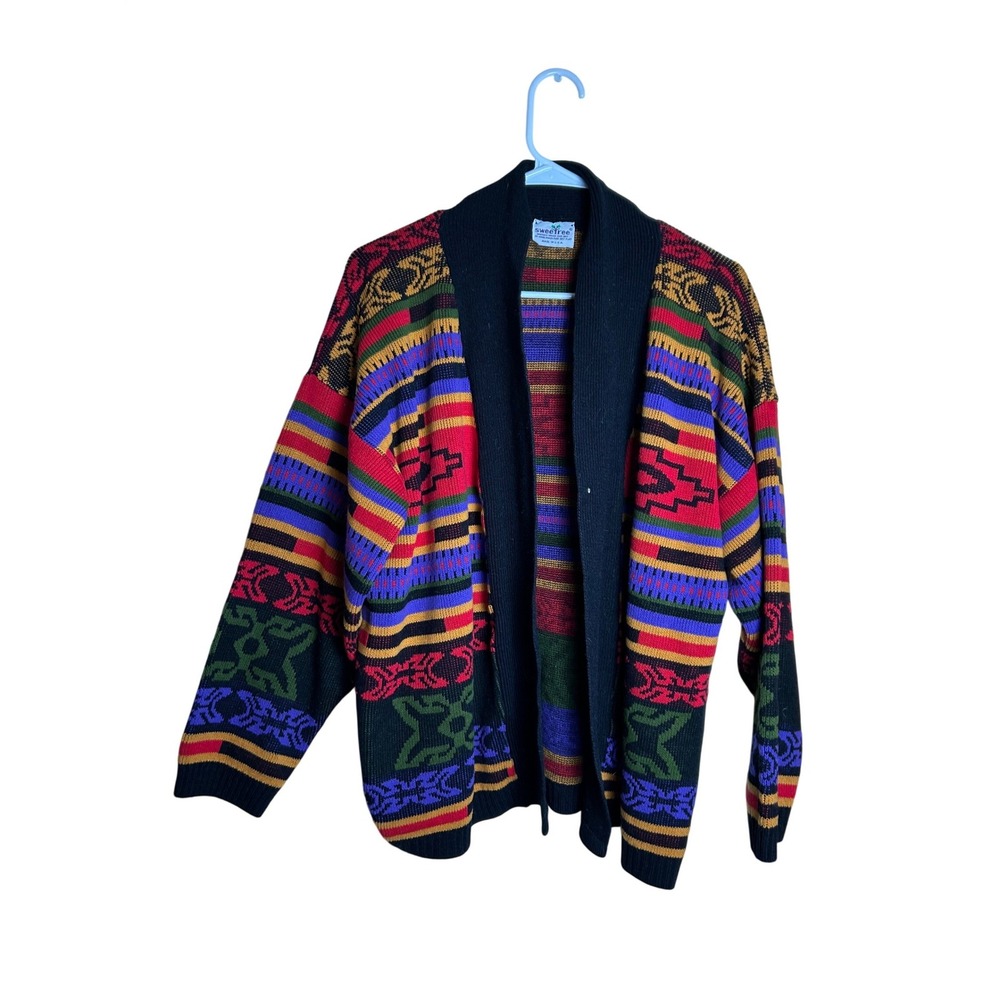 Vintage Multi Color Geometric Southwestern Aztec Shawl Cardigan Sweater USA